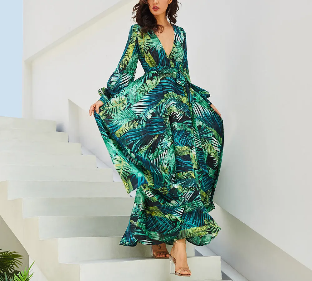 Lantern Sleeve V-neck Green Leaf Print Dress